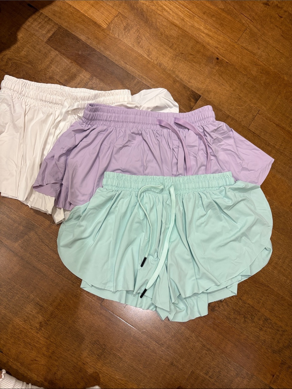Girls Medium Lightweight Pastel Running Shorts Trio - Mint, Lavender, White